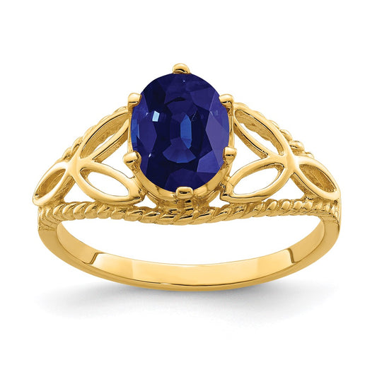 Solid 14k Yellow Gold 8x6mm Oval Simulated Sapphire Ring