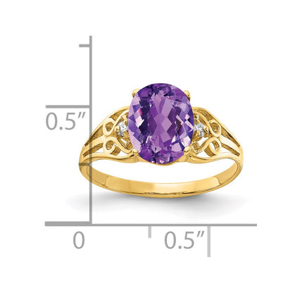 14K Yellow Gold 9x7mm Oval Amethyst Checker AA Real Diamond ring