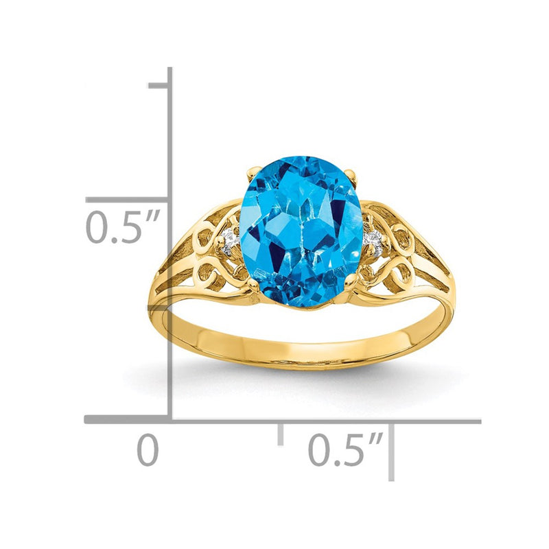 14K Yellow Gold 9x7mm Oval Blue Topaz Checker AAA Real Diamond ring