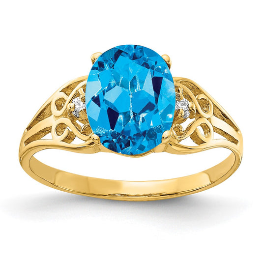 14K Yellow Gold 9x7mm Oval Blue Topaz AAA Real Diamond ring