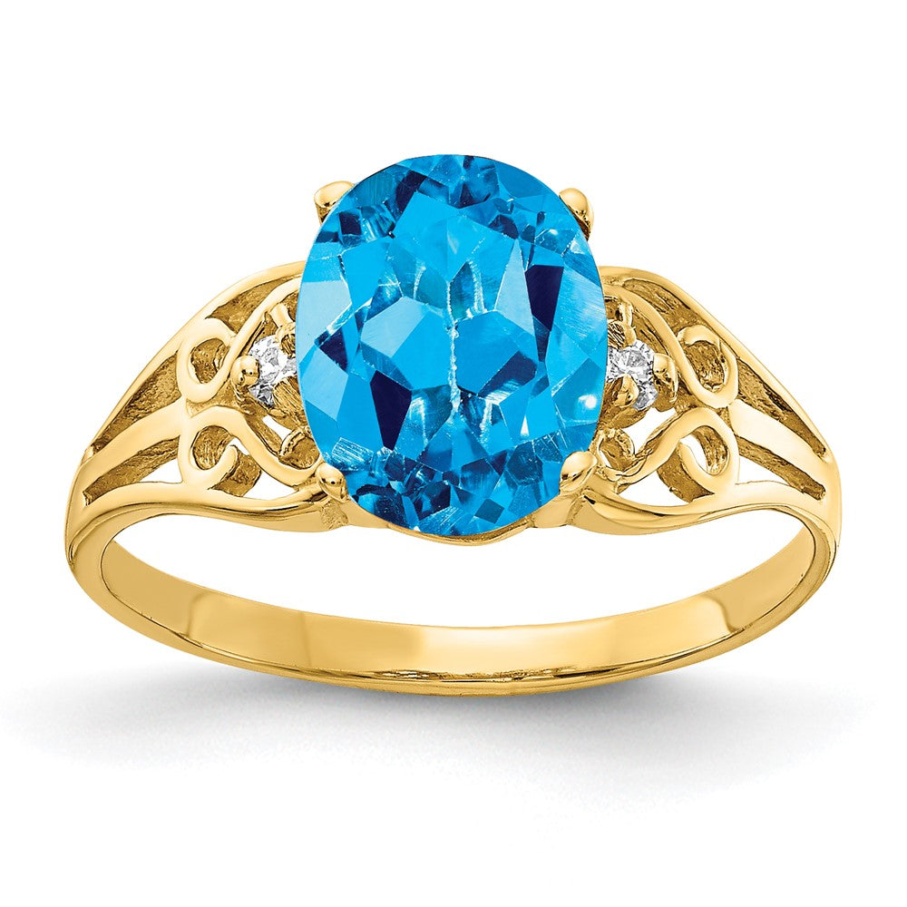 14K Yellow Gold 9x7mm Oval Blue Topaz Checker AAA Real Diamond ring