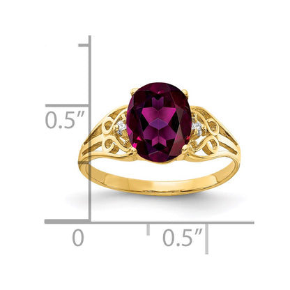 Solid 14k Yellow Gold 9x7mm Oval Rhodolite Simulated Garnet A CZ Ring