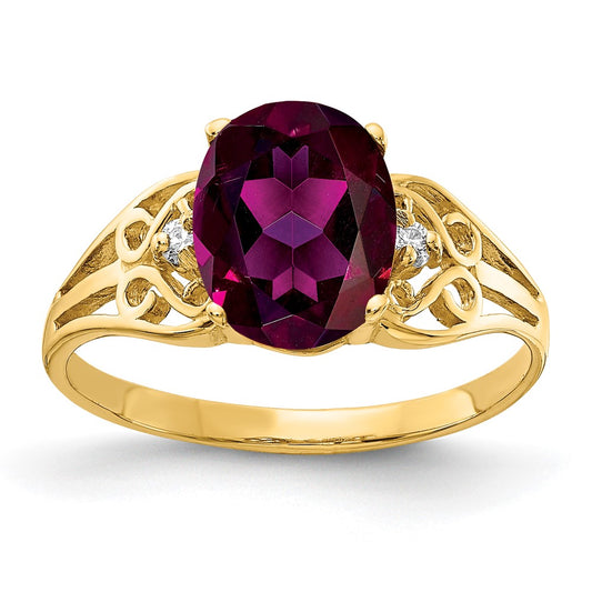 Solid 14k Yellow Gold 9x7mm Oval Rhodolite Simulated Garnet VS CZ Ring