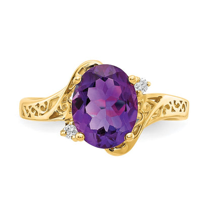 14K Yellow Gold 9x7mm Oval Amethyst Checker AA Real Diamond ring