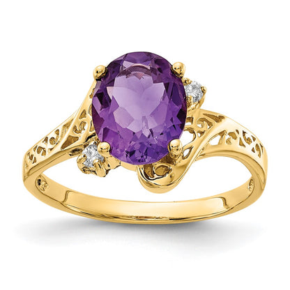 14K Yellow Gold 9x7mm Oval Amethyst Checker AA Real Diamond ring
