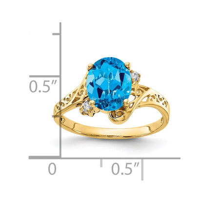 14K Yellow Gold 9x7mm Oval Blue Topaz AAA Real Diamond ring