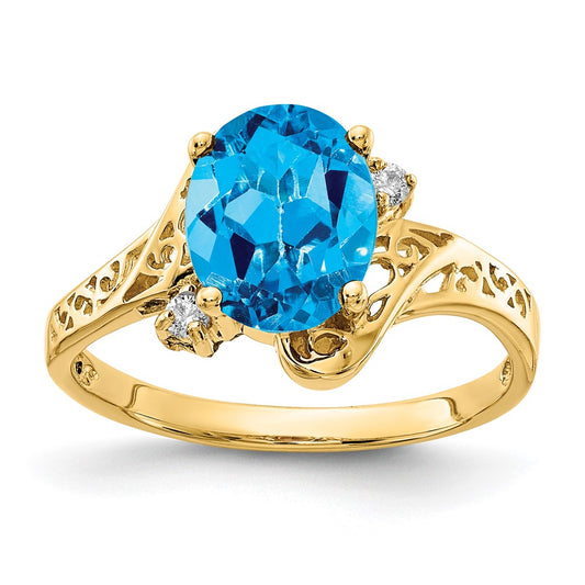 14K Yellow Gold 9x7mm Oval Blue Topaz Checker AA Real Diamond ring