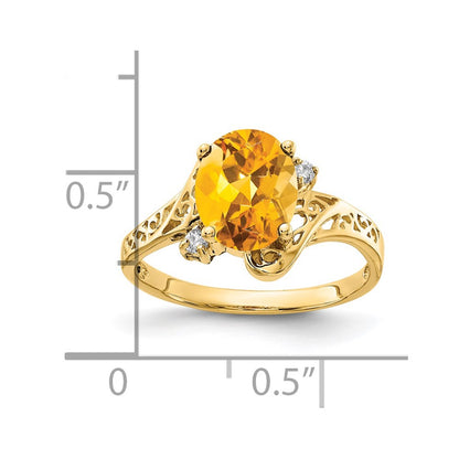 14K Yellow Gold 9x7mm Oval Citrine Checker VS Real Diamond ring