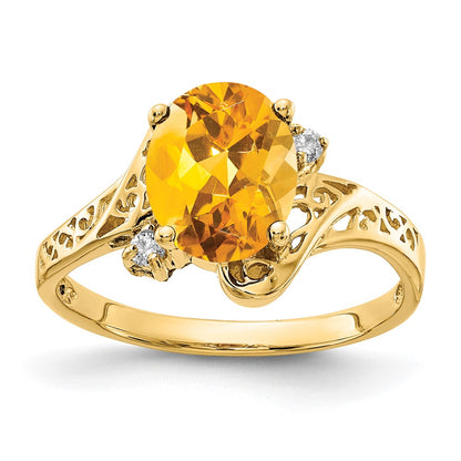 14K Yellow Gold 9x7mm Oval Citrine Checker VS Real Diamond ring