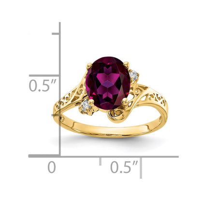 Solid 14k Yellow Gold 9x7mm Oval Rhodolite Simulated Garnet VS CZ Ring