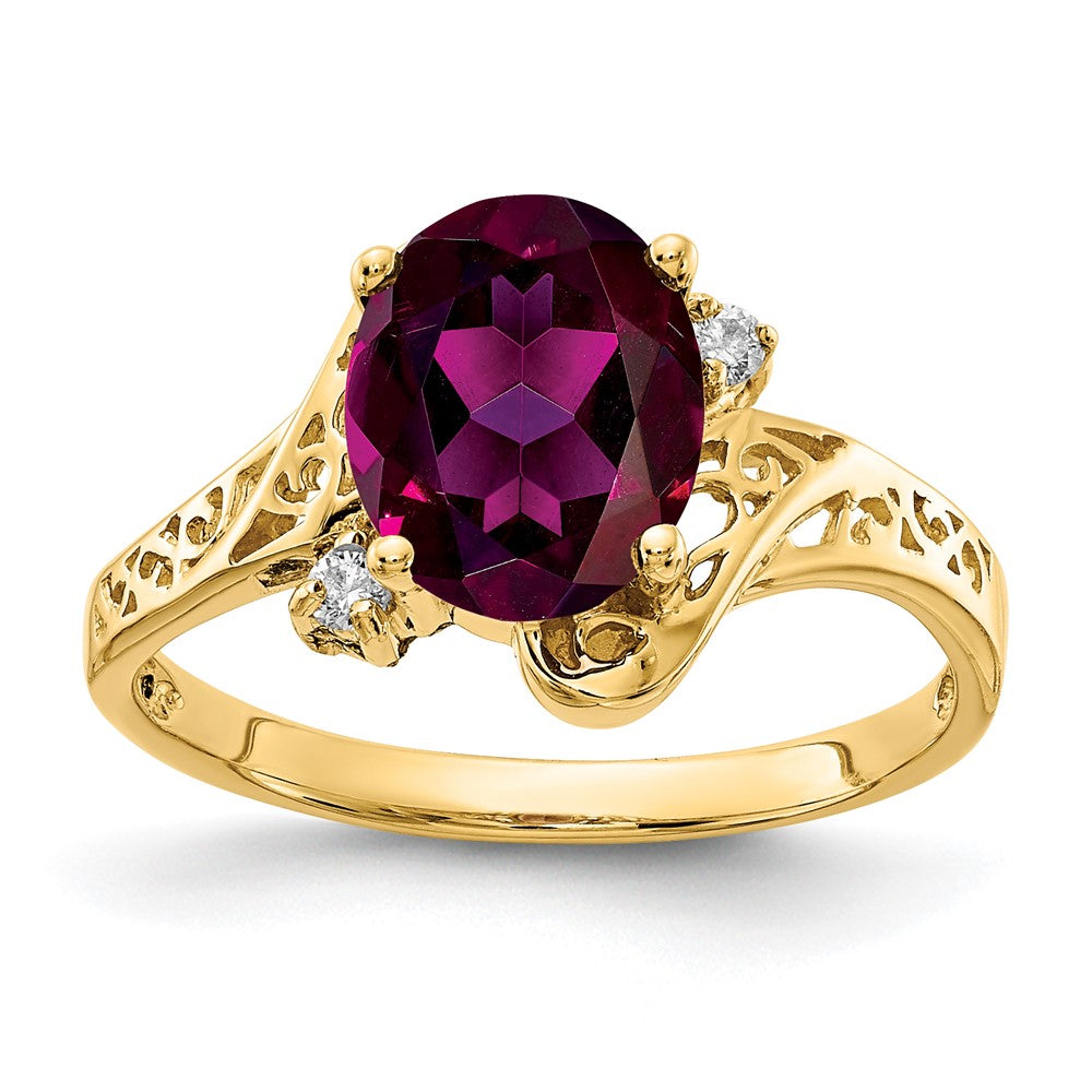 Solid 14k Yellow Gold 9x7mm Oval Rhodolite Simulated Garnet AA CZ Ring