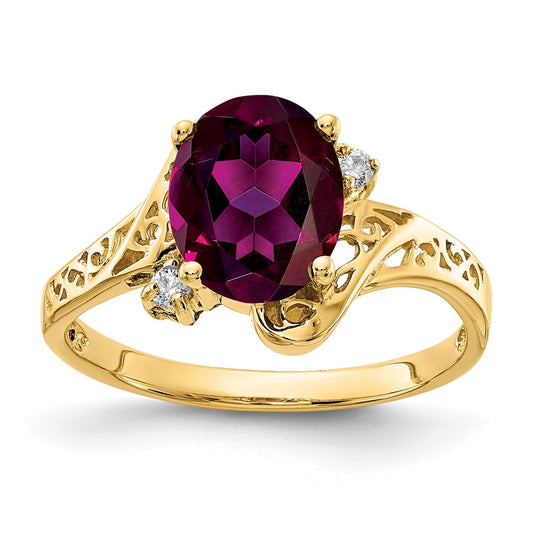 Solid 14k Yellow Gold 9x7mm Oval Rhodolite Simulated Garnet AA CZ Ring