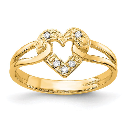 14K Yellow Gold Polished Real Diamond Heart Ring