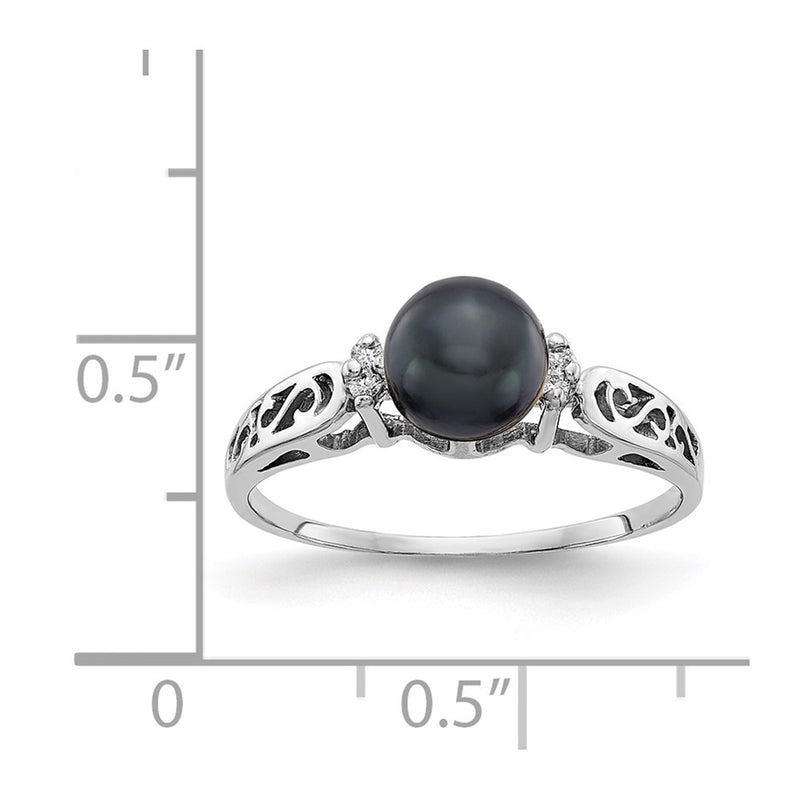 14k White Gold 6mm Black FW Cultured Pearl AAA Real Diamond ring
