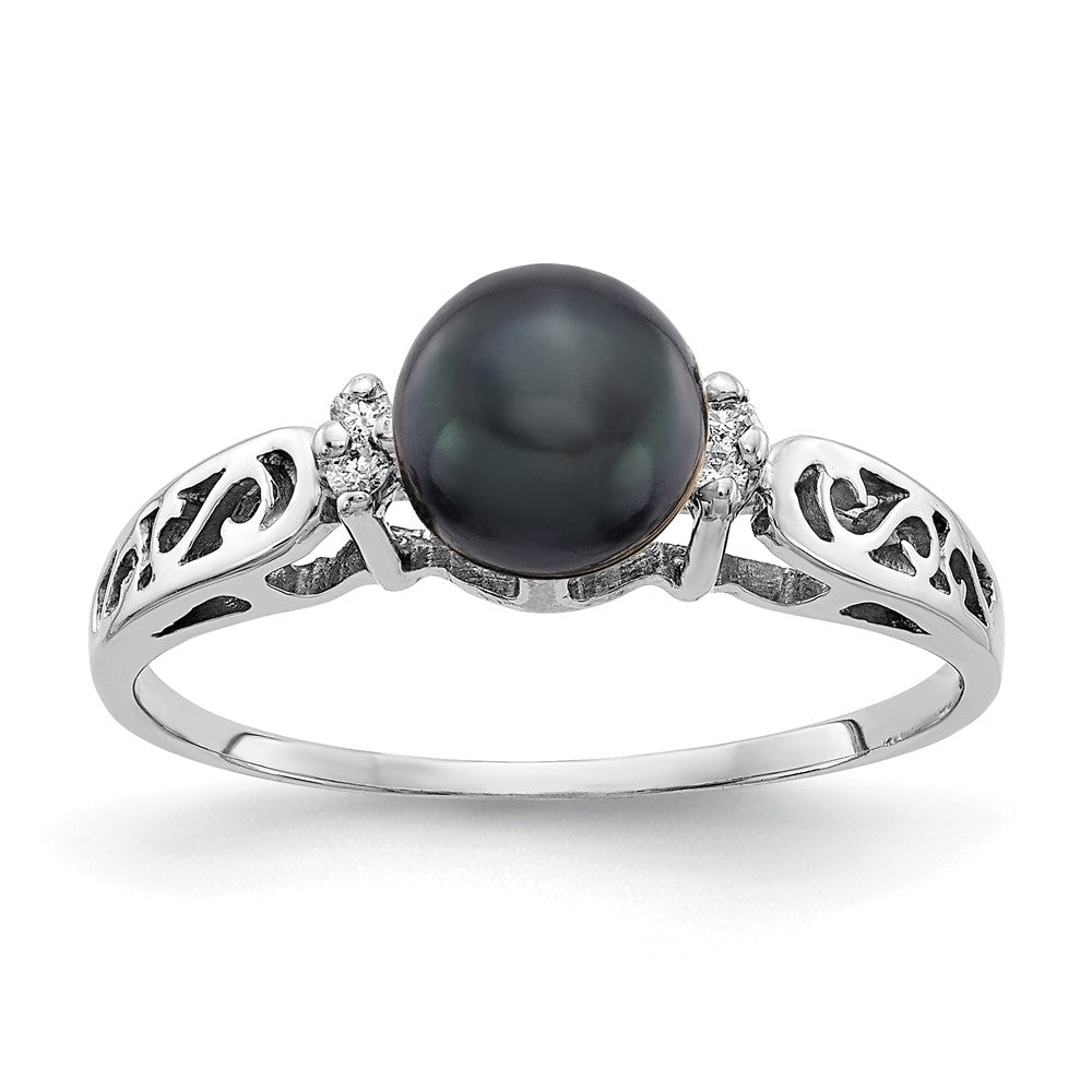 14k White Gold 6mm Black FW Cultured Pearl AA Real Diamond ring