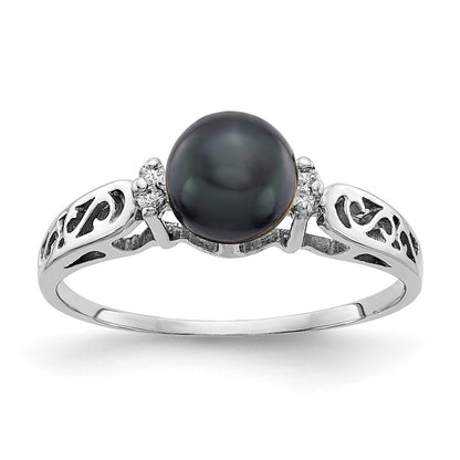 14k White Gold 6mm Black FW Cultured Pearl VS Real Diamond ring