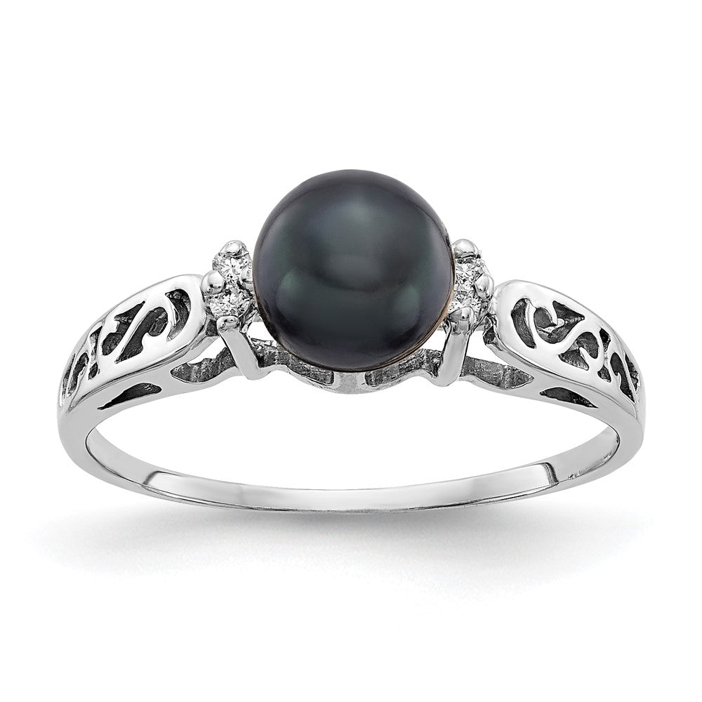 14k White Gold 6mm Black FW Cultured Pearl AAA Real Diamond ring