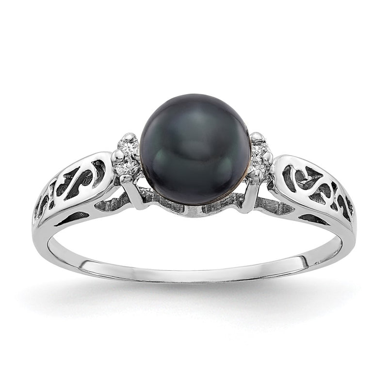 14k White Gold 6mm Black FW Cultured Pearl AAA Real Diamond ring