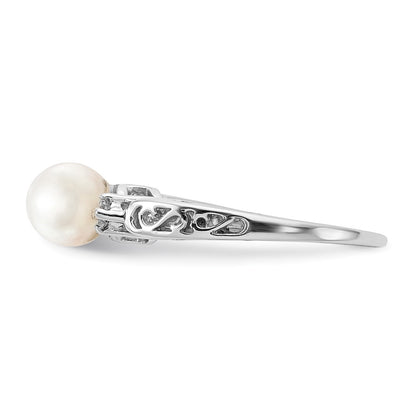 14k White Gold 6mm FW Cultured Pearl AAA Real Diamond ring