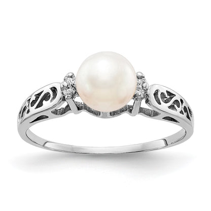 14k White Gold 6mm FW Cultured Pearl AAA Real Diamond ring
