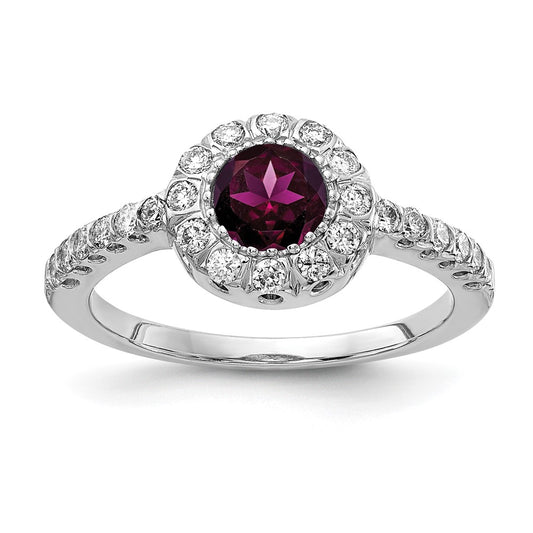 Solid 14k White Gold 5mm Rhodolite Simulated Garnet AAA CZ Ring