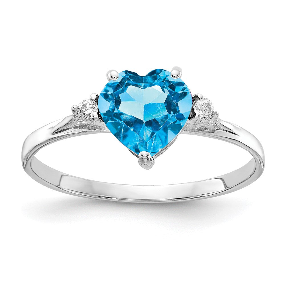 14k White Gold 7mm Heart Blue Topaz AA Real Diamond ring