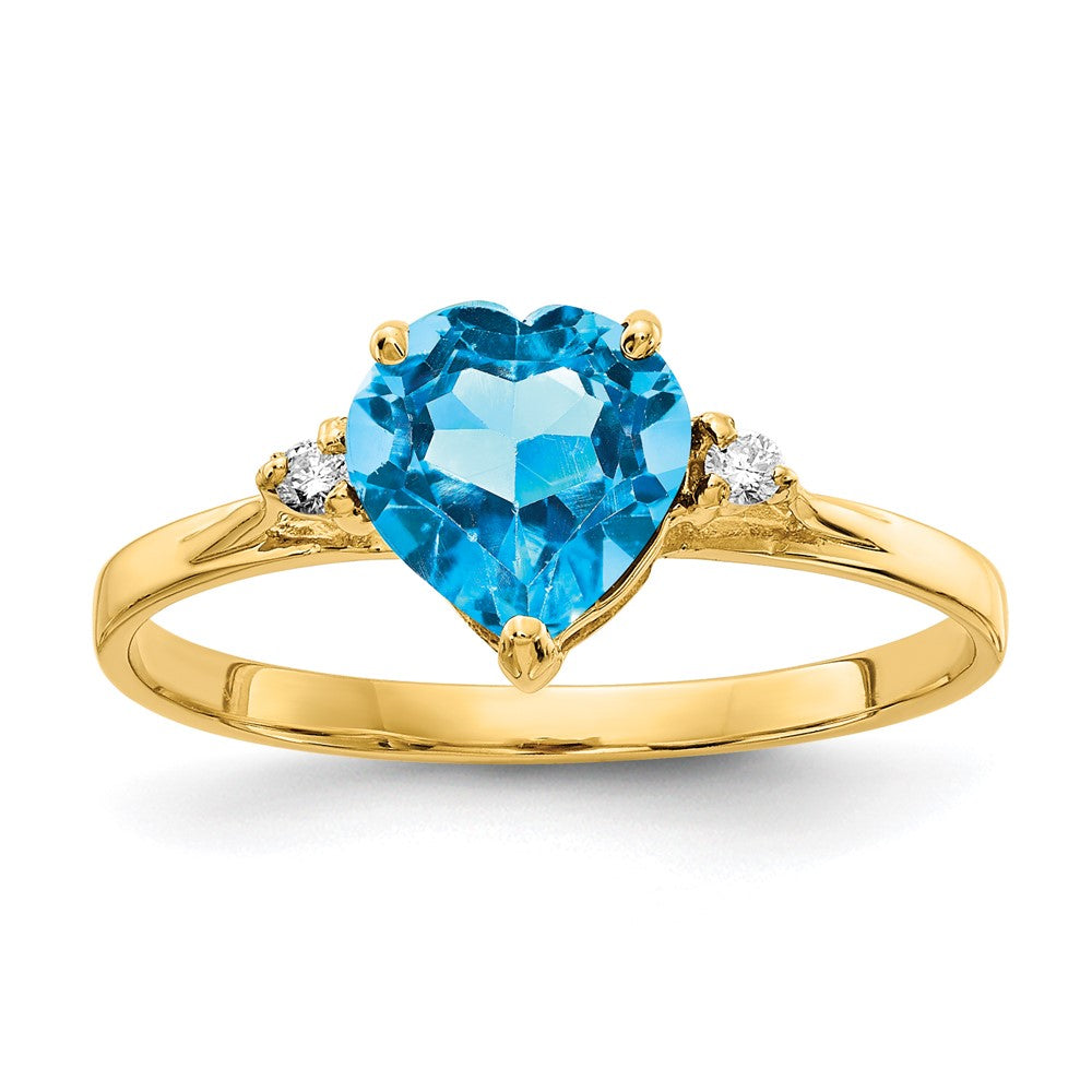 14K Yellow Gold 7mm Heart Blue Topaz AAA Real Diamond ring