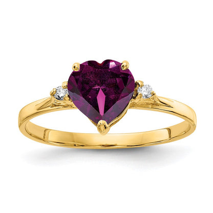 Solid 14k Yellow Gold 7mm Heart Rhodolite Simulated Garnet VS CZ Ring