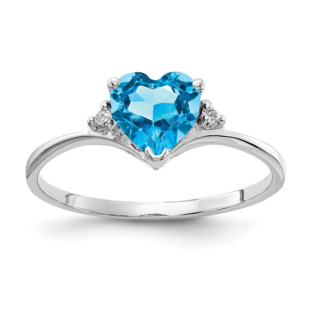 14k White Gold 6mm Heart Blue Topaz AAA Real Diamond ring