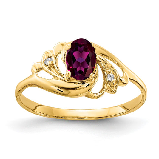 Solid 14k Yellow Gold 6x4mm Oval Rhodolite Simulated Garnet VS CZ Ring