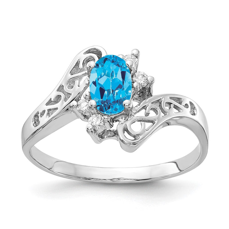 14k White Gold 6x4mm Oval Blue Topaz Checker AAA Real Diamond ring