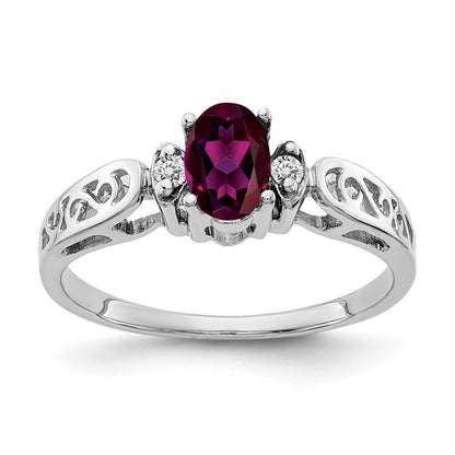 Solid 14k White Gold 6x4mm Oval Rhodolite Simulated Garnet VS CZ Ring