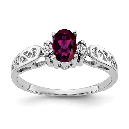 Solid 14k White Gold 6x4mm Oval Rhodolite Simulated Garnet VS CZ Ring