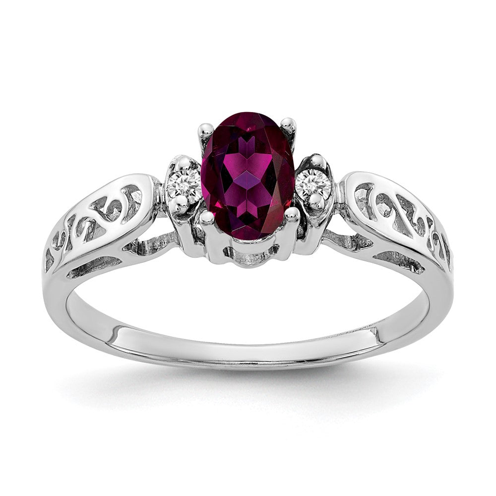 Solid 14k White Gold 6x4mm Oval Rhodolite Simulated Garnet A CZ Ring
