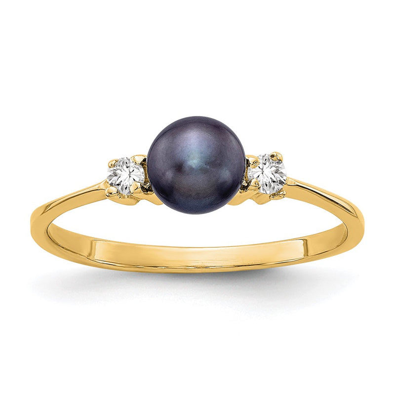 14K Yellow Gold 5mm Black FW Cultured Pearl A Real Diamond ring