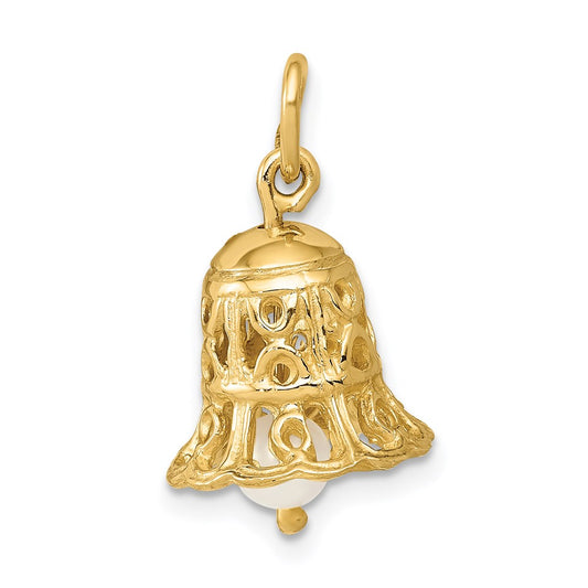 14k Yellow Gold 3D Wedding Bell w/ Fresh Water Cultured Pearl Charm