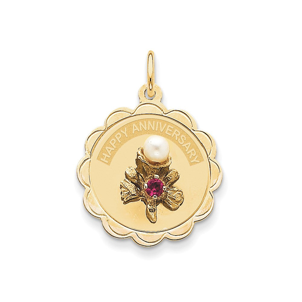 14k Yellow Gold Happy Anniversary with Flower & FW Cultured Pearl Charm