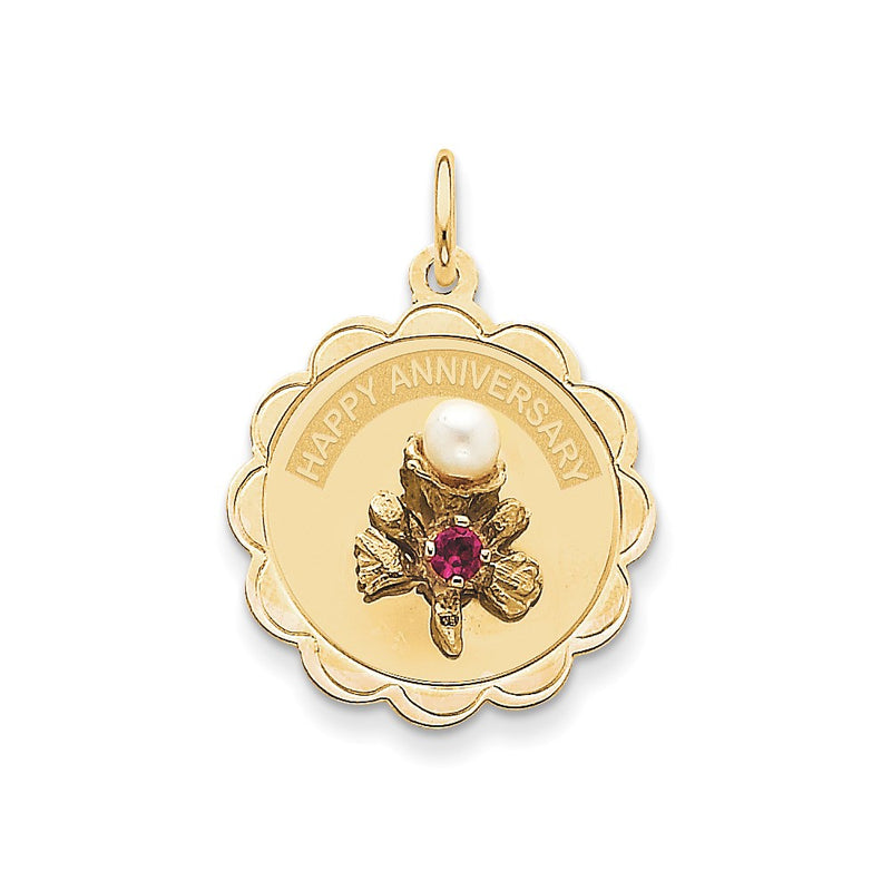 14k Yellow Gold Happy Anniversary with Flower & FW Cultured Pearl Charm