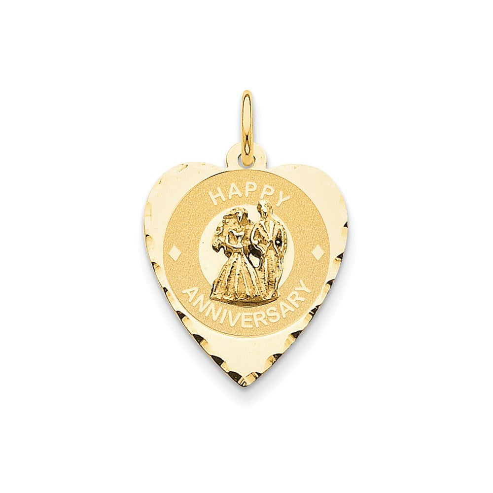 14k Yellow Gold Happy Anniversary with Bride & Groom Heart Disc Charm