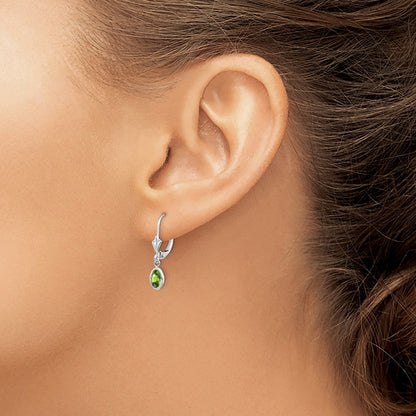 14k White Gold 6x4 Oval Bezel August/Peridot Leverback Earrings