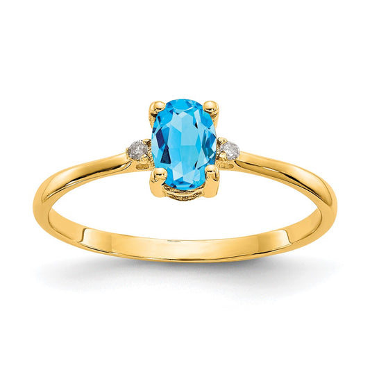 14K Yellow Gold Real Diamond & Blue Topaz Birthstone Ring