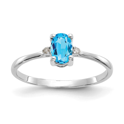 14k White Gold Real Diamond & Blue Topaz Birthstone Ring