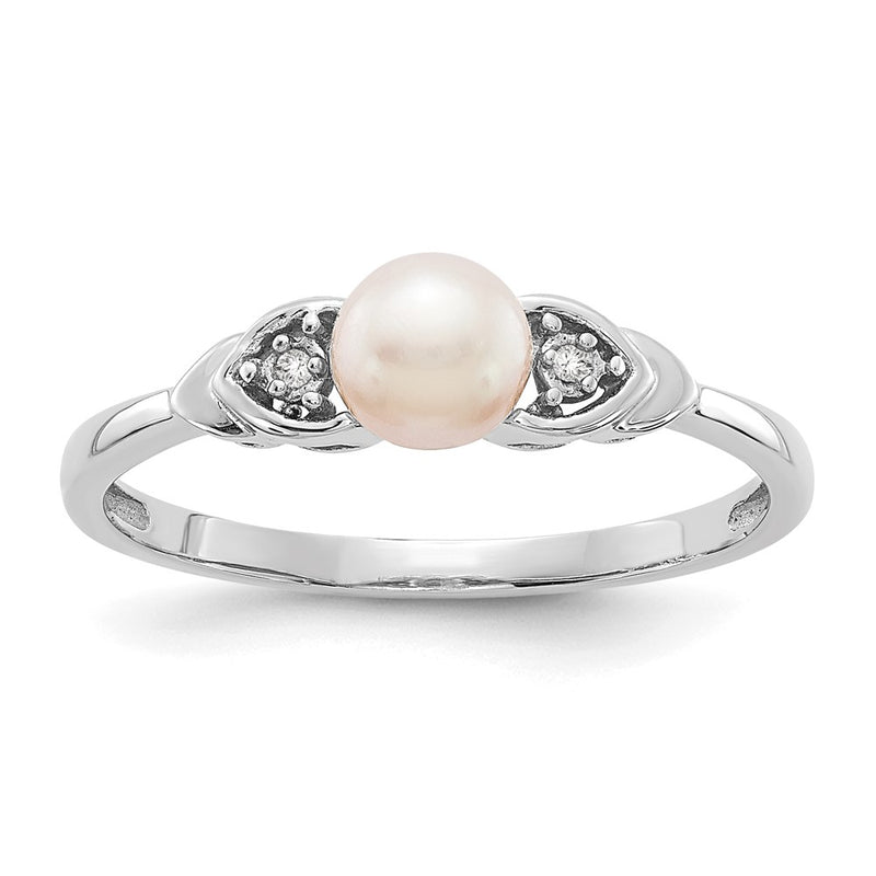 14k White Gold FW Cultured Pearl and Real Diamond Ring