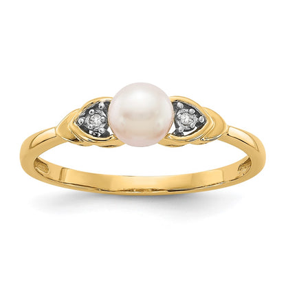 14K Yellow Gold FW Cultured Pearl and Real Diamond Ring