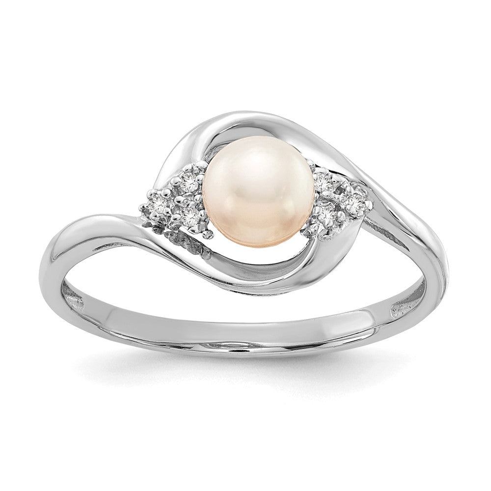 14k White Gold FW Cultured Pearl and Real Diamond Ring