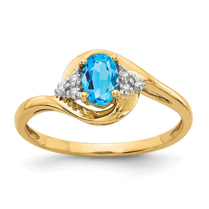 14K Yellow Gold Blue Topaz and Real Diamond Ring