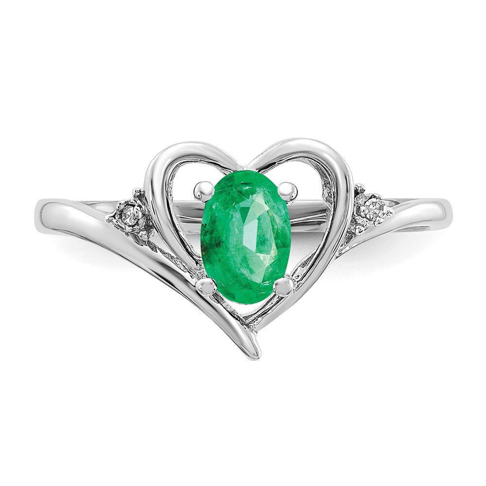 14k White Gold Emerald and Real Diamond Heart Ring