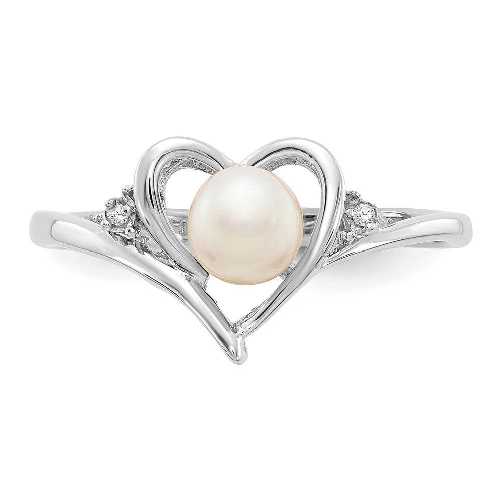 14k White Gold FW Cultured Pearl and Real Diamond Heart Ring