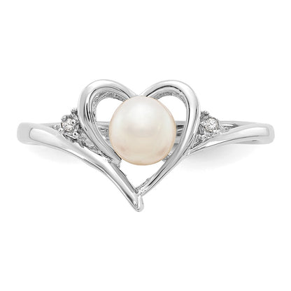 14k White Gold FW Cultured Pearl and Real Diamond Heart Ring