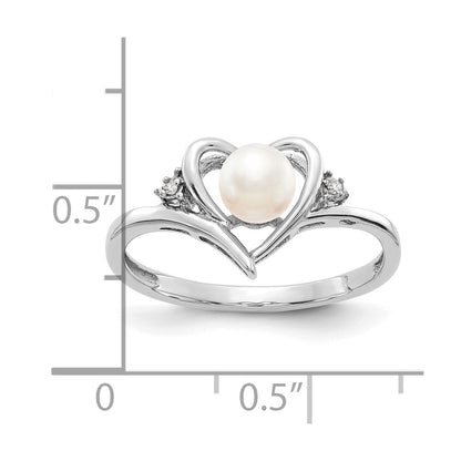 14k White Gold FW Cultured Pearl and Real Diamond Heart Ring